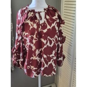 Ann Taylor Factory Petite MP Burgundy Floral Ruffle Tie Neck Blouse 3/4 Sleeve